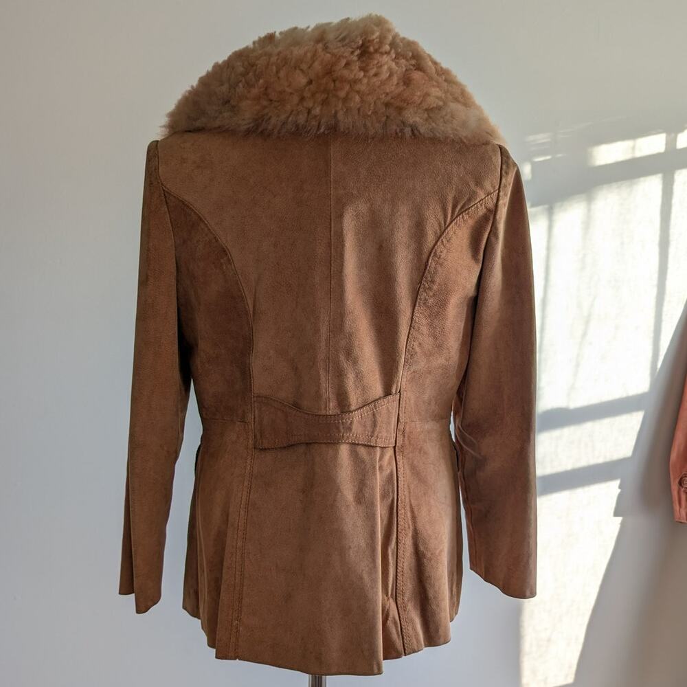 Vintage Brown Leather Coat 70s Suede Penny Lane Jacket Boho Chic Neutral Small - Picture 4 of 10